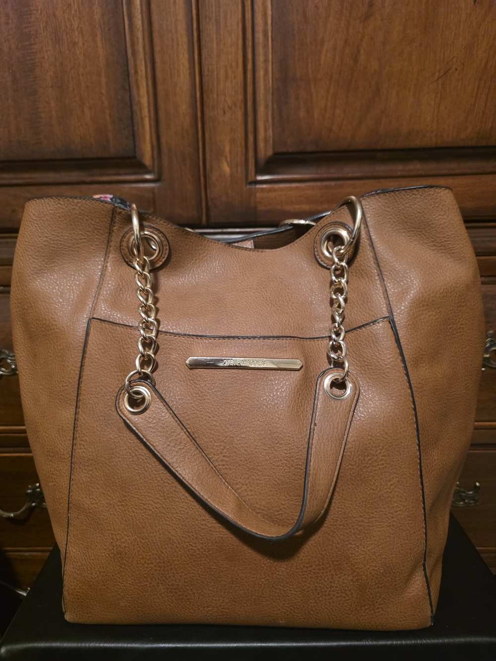 Steve Madden Cognac Tote with Gold Chain Handles